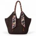 Dark brown woven straw tote bag with elegant silk scarf and wooden bead decoration for women. - Magnetic Buckle Canvas Lining / Black Purple