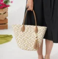 Stylish straw woven tote bag for women, large capacity beach shoulder bag with tassel. - Off White