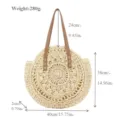 Round straw woven tote bag, handmade summer beach shoulder bag with brown handle. - Edge Zipper / Off White