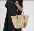 Women Straw Woven Tote Bag Large Capacity Beach Handbag Casual Vacation Shoulder Bag - Khaki