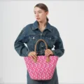 Contrast color straw woven tote bag, large capacity beach vacation shoulder bag for women. - Rose Red