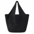 Black straw woven tote bag for women, large capacity shoulder bag for beach and summer days. - Black
