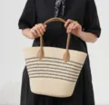 Summer large capacity straw woven shoulder bag, casual stripe beach tote handbag for women. - Off White