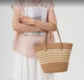 Summer woven straw tote bag, brown shoulder handbag for women vacation daily use. - Khaki