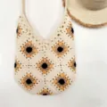 Handmade crochet sunflower tote bag for women, large capacity beach casual shoulder bag. - Black Ink