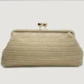 Beige Woven Straw Clutch Bag Elegant Golden Ball Kiss Lock Evening Bag Beach Vacation - Kiss-Lock Clutch / Off White
