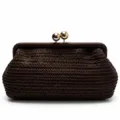 Dark brown woven straw clutch bag with gold kiss lock closure, elegant evening party bag. - Kiss-Lock Clutch / Coffee
