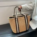 Summer straw woven tote bag large capacity handmade casual shoulder handbag for women - Drawstring / Khaki