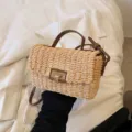 Woven straw handbag for women, casual crossbody small square bag for beach and summer vacation. - Lock / Khaki