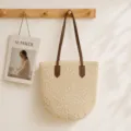 Women's straw tote bag large capacity woven shoulder handbag casual beach vacation commuting - Edge Zipper / Off White