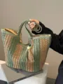 Stylish striped straw woven tote bag, large capacity shoulder bag for beach vacation. - Edge Zipper / Green