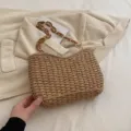 Chic straw woven shoulder handbag for women, trendy summer beach vacation straw tote bag. - Khaki