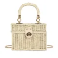 Woven straw handbag for women, stylish wicker crossbody square bag with chain and lock. - Off White