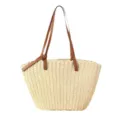 Summer straw woven tote bag for women, large capacity beach shoulder bag with leather straps. - Off White