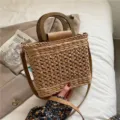 Summer straw woven handbag with wooden handle casual beach shoulder crossbody bag for women - Khaki