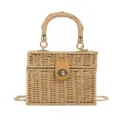 Straw woven box handbag with top handle and chain strap for summer beach vacation. - Khaki