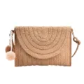 Woven straw crossbody bag for women, khaki envelope shoulder bag with cute pom pom charms. - Magnetic Clasp / Khaki