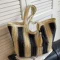 Black and white striped straw tote bag, large capacity woven shoulder bag with tassel. - Edge Zipper / Beige Black