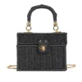 Black straw woven handbag structured crossbody shoulder bag with premium gold hardware and top handle. - Black