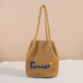 Woven straw shoulder bag with cute blue Summer embroidery, casual large capacity beach tote. - Khaki