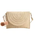 Khaki straw woven crossbody bag handmade envelope shoulder bag with cute pom poms for beach vacation - Magnetic Clasp / Off White