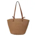 Summer straw woven tote bag for women, large capacity beach shoulder bag with leather straps. - Khaki