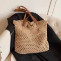 Beige crochet straw tote bag with brown leather straps, casual woven shoulder bag for beach. - Khaki