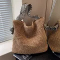 Navy style straw woven shoulder bag, large capacity casual tote beach bag for women. - Magnetic Clasp / Khaki
