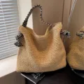 Woven straw tote bag for women, large capacity nautical style shoulder bag with striped handle. - Magnetic Clasp / Off White