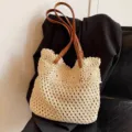 Handmade cotton straw crochet shoulder bag, casual large capacity beach tote for women daily use - Off White