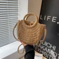 Handmade woven straw crossbody bag with round handles, casual beach tote for women summer. - Khaki