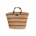 Striped straw tote bag for women, handmade beach handbag with round handle, casual summer bag. - Khaki
