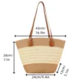 Woven straw tote bag for women, large capacity beach shoulder handbag with brown PU leather straps. - Khaki
