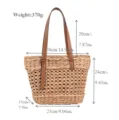 Handcrafted hollow straw tote bag for women, stylish beach shoulder bag with PU handles. - Khaki