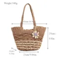Woven straw tote bag for women, large capacity beach shoulder bag with hollow floral design. - Edge Zipper / Khaki