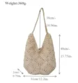 Beige crochet shoulder tote bag for women, large capacity casual straw beach handbag with strap. - Off White