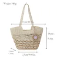 Hollow-out straw woven tote bag, handmade summer beach shoulder bag with flower pendant. - Edge Zipper / Off White