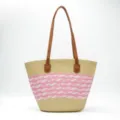 Straw shoulder bag woven tote beach bag large capacity casual summer handbag with pink stripe - Pink