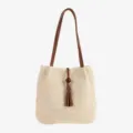 Beige woven straw tote bag for women, handmade cotton cord shoulder bag with tassel charm. - Off White