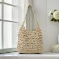 Hollow-out woven straw shoulder bag, casual large-capacity beach tote for summer vacations. - Off White