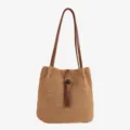 Crochet woven shoulder tote bag with brown straps tassel, large capacity beach straw bag variant. - Khaki