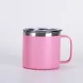 Pink 14oz stainless steel coffee mug detail view, portable vacuum insulated cup with handle. - Pink