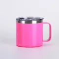 Close-up view of pink stainless steel mini coffee mug featuring a sturdy handle and clear lid detail. - Hot Pink