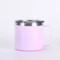 Stainless steel 14oz coffee mug detail view, portable vacuum insulated cup with handle and clear lid. - Light Pink