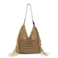 Handmade woven straw shoulder bag, large capacity beach tote with fringe details for women. - Khaki