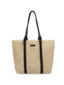Woven straw tote bag for women, large capacity beach shoulder bag with black fabric straps. - Edge Zipper / Off White
