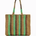 Woven straw tote bag for women, large capacity striped shoulder bag for beach and casual daily use. - Open Top / Green
