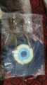 Round straw woven shoulder bag for women, handmade casual beach handbag with eye pattern, large capacity. - Blue with Blue Core