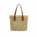 Hollow straw woven tote bag for women, large capacity beach shoulder bag with brown PU handles. - Edge Zipper / Off White