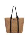 Straw woven tote bag for women, large capacity hollow shoulder bag for beach vacation. - Edge Zipper / Khaki